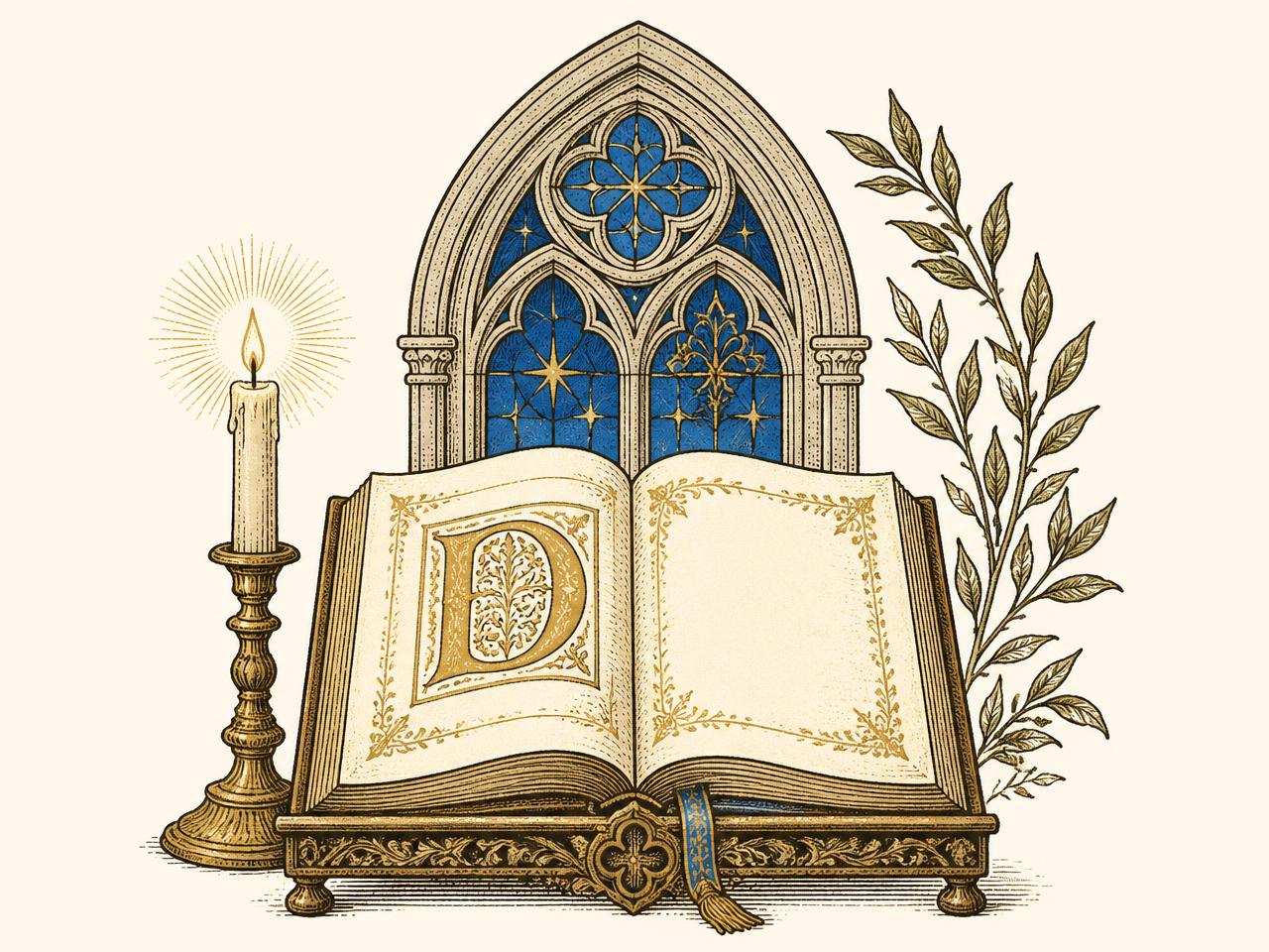 Ilustração de um livro de orações aberto diante de um vitral, com vela acesa